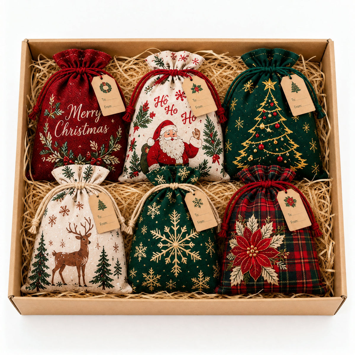 ✨ Christmas Gift Sacks 6pcs, Santa Reindeer Linen Drawstring Pouches