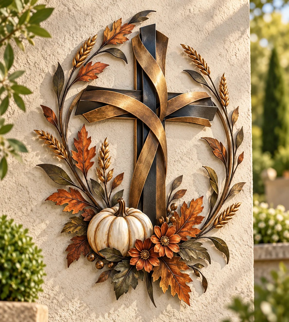 ✝️🍂 Autumn Cross & Pumpkin Harvest Metal Wall Decor