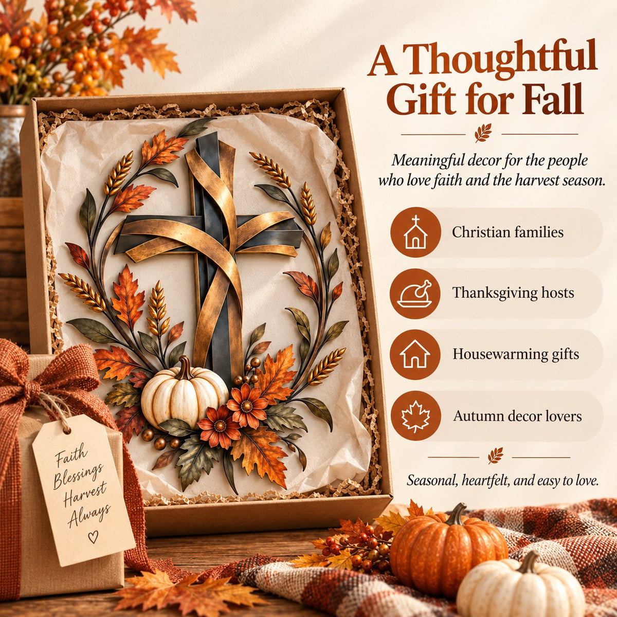 ✝️🍂 Autumn Cross & Pumpkin Harvest Metal Wall Decor