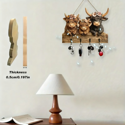 🐮2D- Rustic Highland Cow Wooden Family Key Holder Hanging Ornament with 4 Hooks