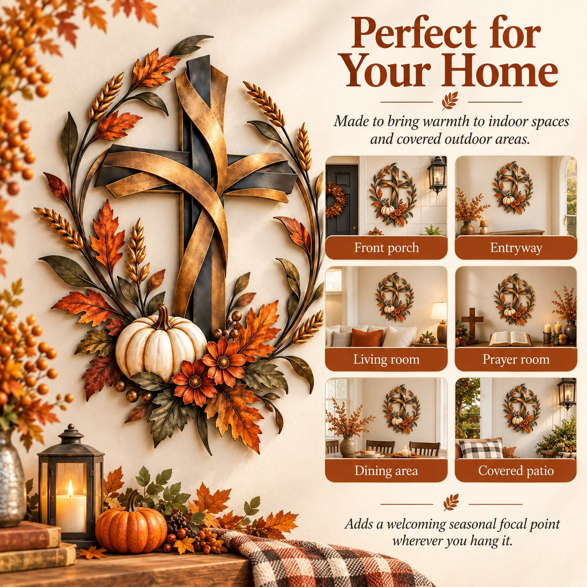 ✝️🍂 Autumn Cross & Pumpkin Harvest Metal Wall Decor