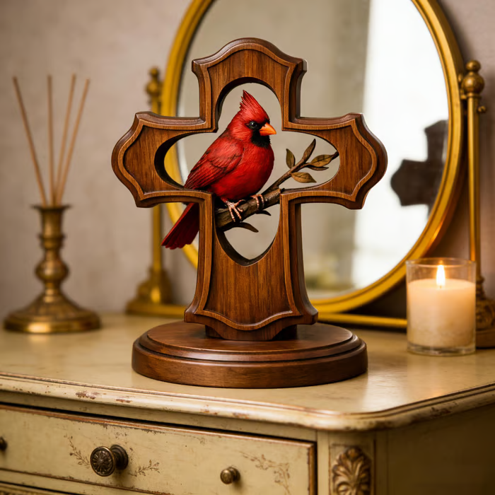 🐦✝️ Handcrafted Cardinal Cross Ornament