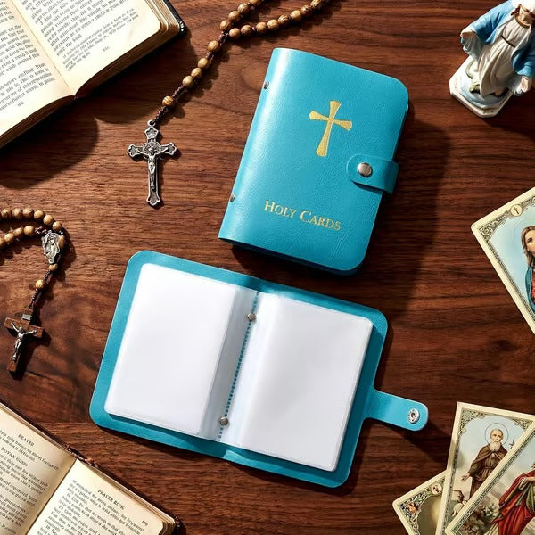 ✝️ Catholic Faux Leather Holy Card Holder – Pocket Prayer Card Organizer with Snap Closure