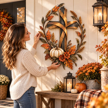 ✝️🍂 Autumn Cross & Pumpkin Harvest Metal Wall Decor