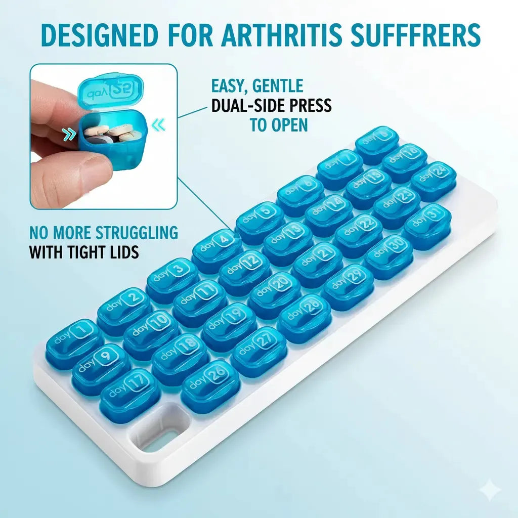 ✨31-Day Monthly Pill Box: Easy-Open Lids, Removable Pods, Date Reminder, Travel Case