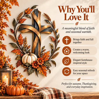 ✝️🍂 Autumn Cross & Pumpkin Harvest Metal Wall Decor