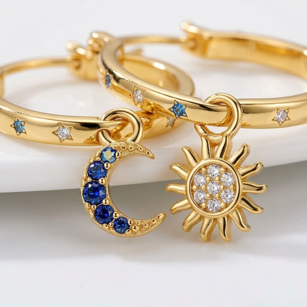 ☀️🌙Sun & Moon Asymmetrical Hoop Earrings | Celestial Dangle Jewelry