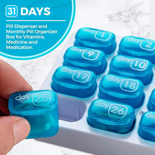 ✨31-Day Monthly Pill Box: Easy-Open Lids, Removable Pods, Date Reminder, Travel Case