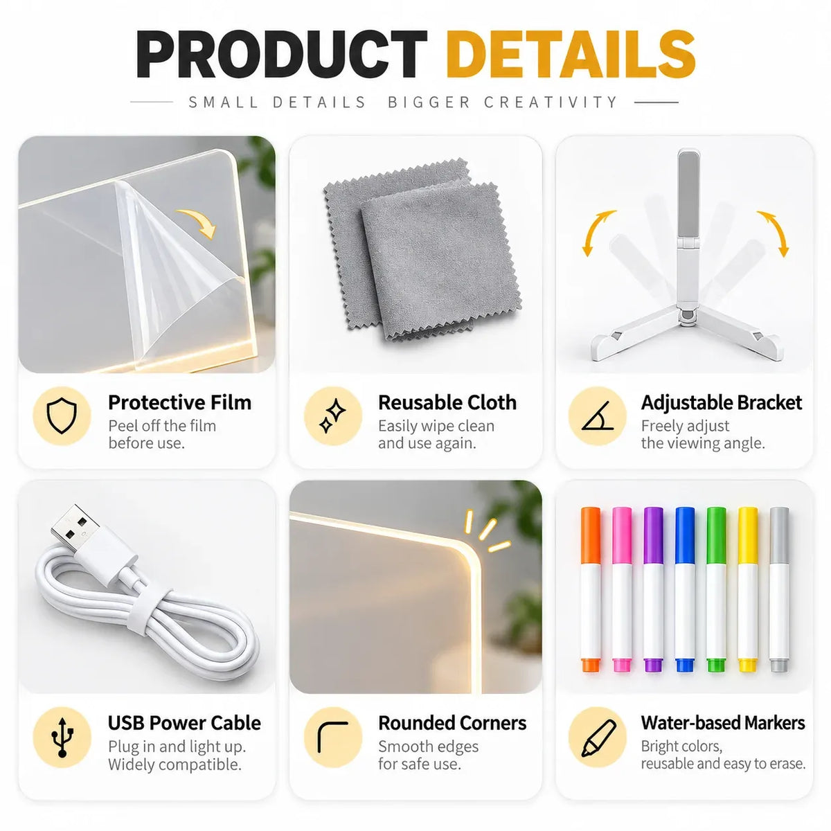 LED acrylic message board and included accessories