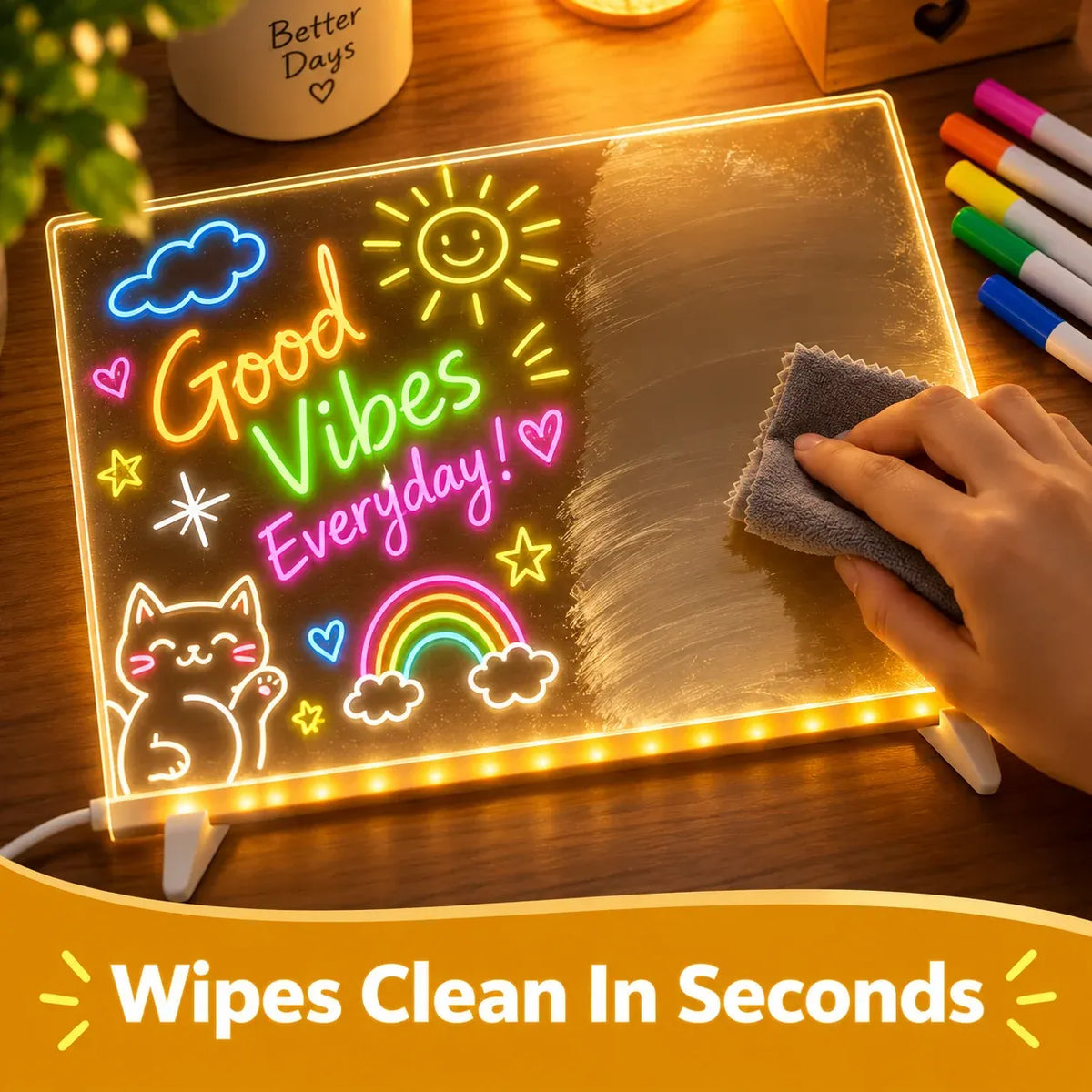 Reusable acrylic LED message board being wiped clean