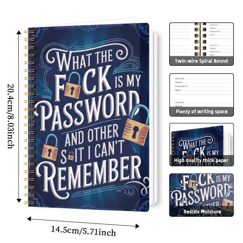 Funny password notebook dimensions and spiral binding details