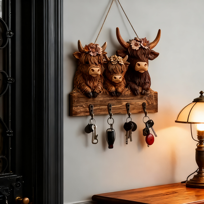 🐮2D- Rustic Highland Cow Wooden Family Key Holder Hanging Ornament with 4 Hooks
