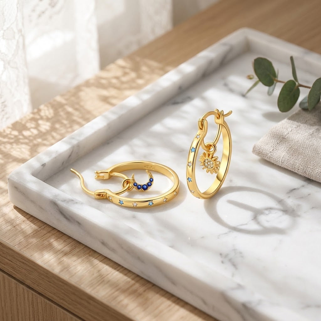 ☀️🌙Sun & Moon Asymmetrical Hoop Earrings | Celestial Dangle Jewelry