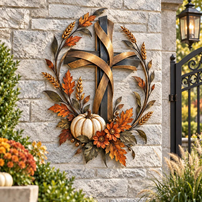 ✝️🍂 Autumn Cross & Pumpkin Harvest Metal Wall Decor