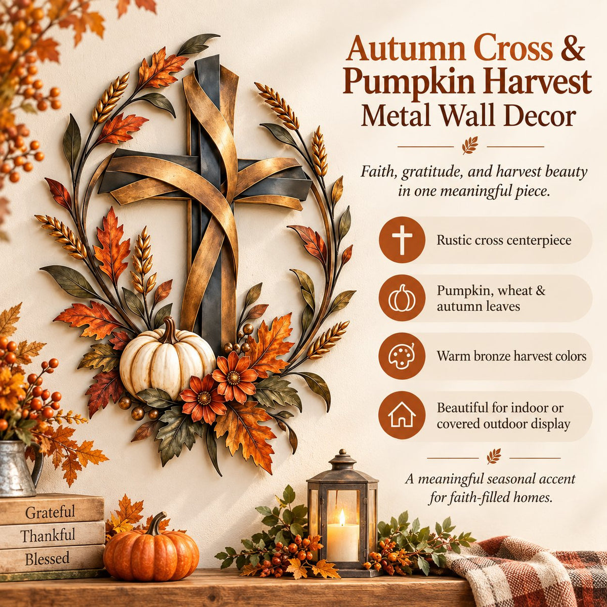 ✝️🍂 Autumn Cross & Pumpkin Harvest Metal Wall Decor