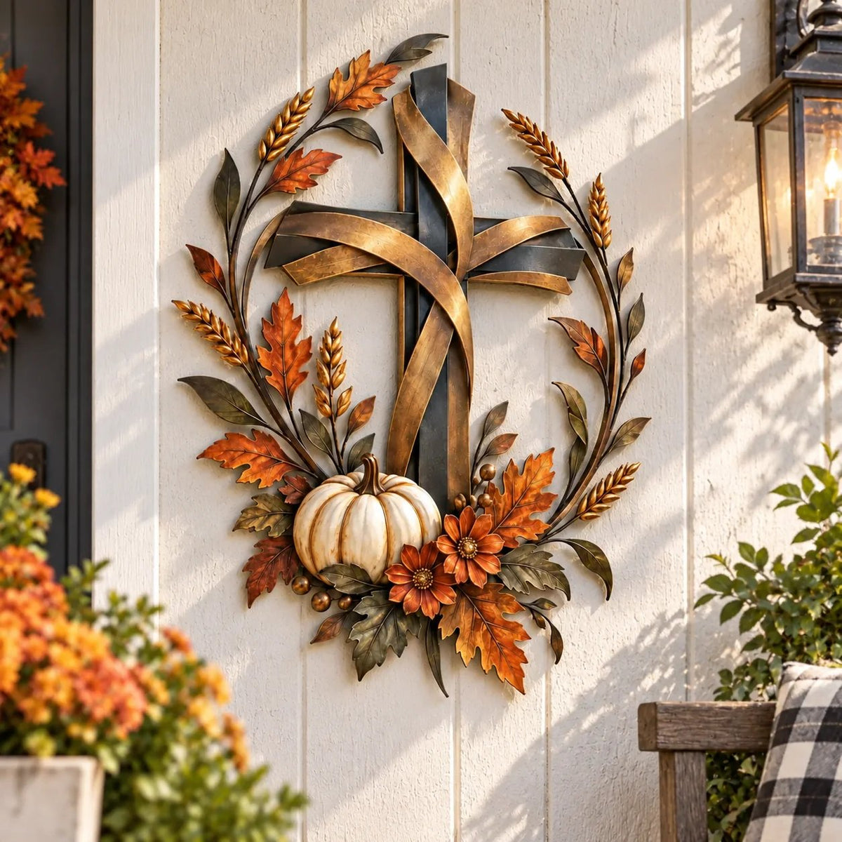 ✝️🍂 Autumn Cross & Pumpkin Harvest Metal Wall Decor