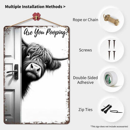 🔥Vintage Highland Cow Sign – Funny"Are You Pooping?" Wall Decor😂