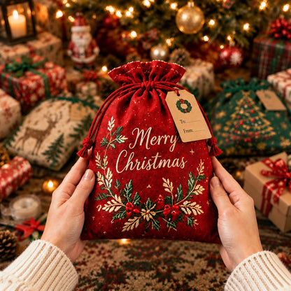 ✨ Christmas Gift Sacks 6pcs, Santa Reindeer Linen Drawstring Pouches