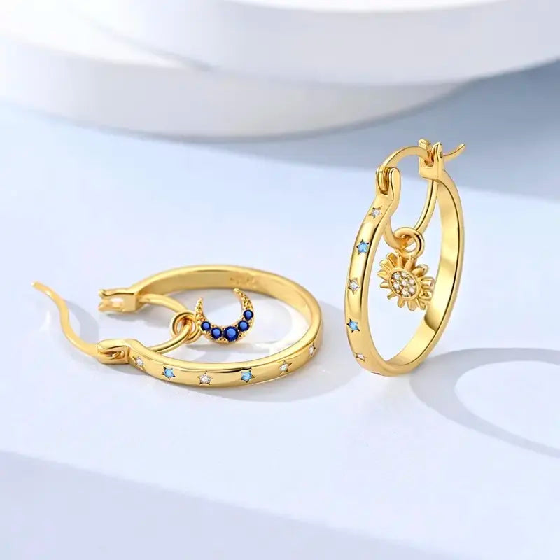 ☀️🌙Sun & Moon Asymmetrical Hoop Earrings | Celestial Dangle Jewelry