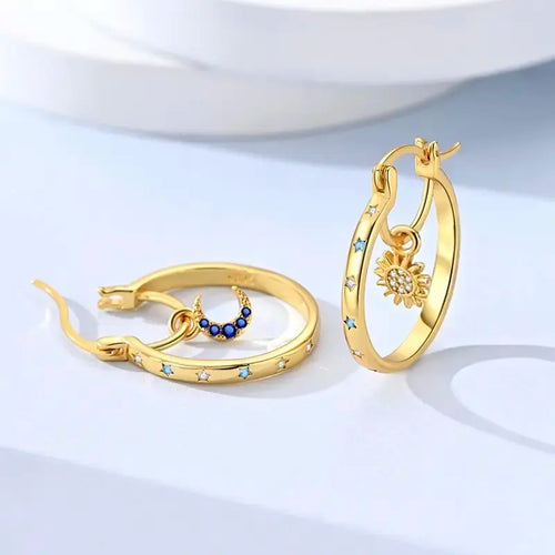 ☀️🌙Sun & Moon Asymmetrical Hoop Earrings | Celestial Dangle Jewelry