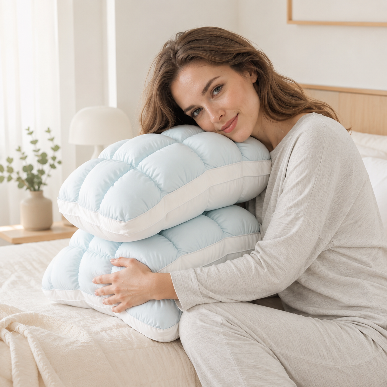 ✨Cooling Puff Grid Pillow – Ultra Soft Ice-Silk Sleeping Pillow