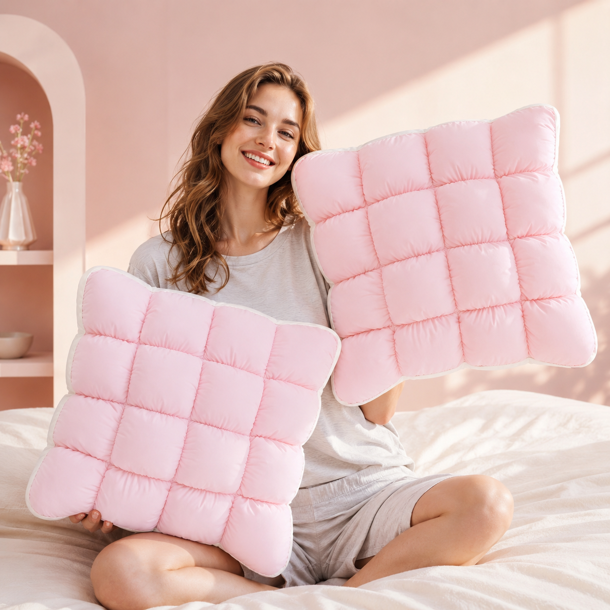✨Cooling Puff Grid Pillow – Ultra Soft Ice-Silk Sleeping Pillow