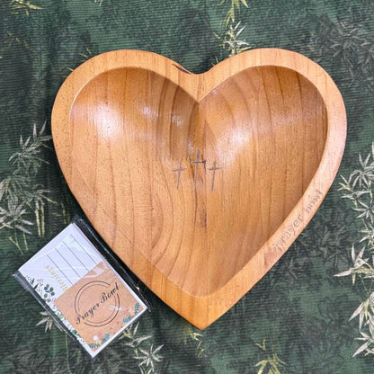 Handmade Retro Wooden Heart Prayer Bowl with 24 Prayer Cards | Cross & Letter Engraving | Christian Decor, Mother’s Day