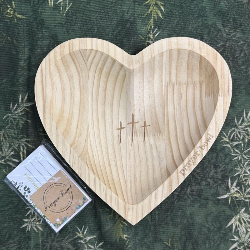 Handmade Retro Wooden Heart Prayer Bowl with 24 Prayer Cards | Cross & Letter Engraving | Christian Decor, Mother’s Day