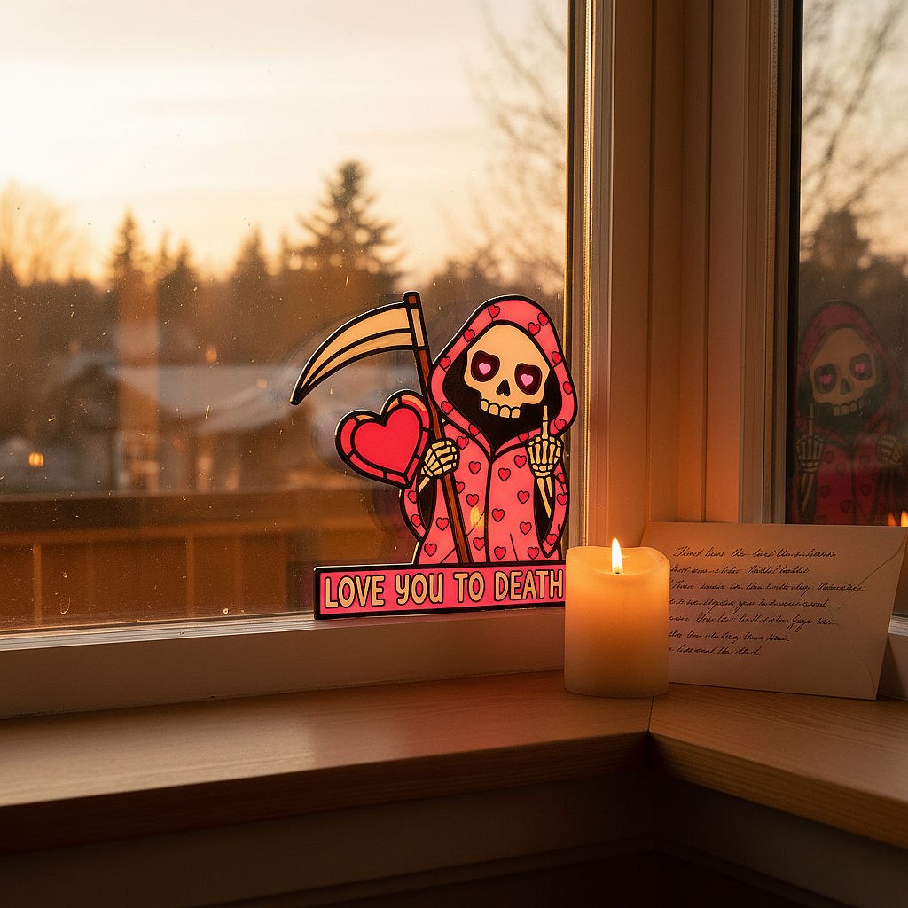 💖Love You To Death Grim Reaper Window Corner Suncatcher | Pastel Goth Valentine's Decor