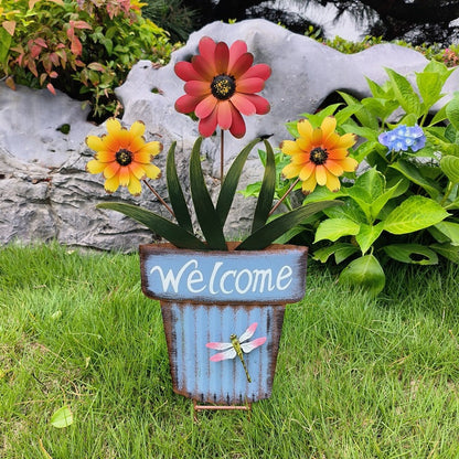 🔥Summer Hot Sale🌻Welcome Flower Pot Metal Garden Decor, Hangable & Stakeable Yard Art