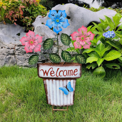 🔥Summer Hot Sale🌻Welcome Flower Pot Metal Garden Decor, Hangable & Stakeable Yard Art