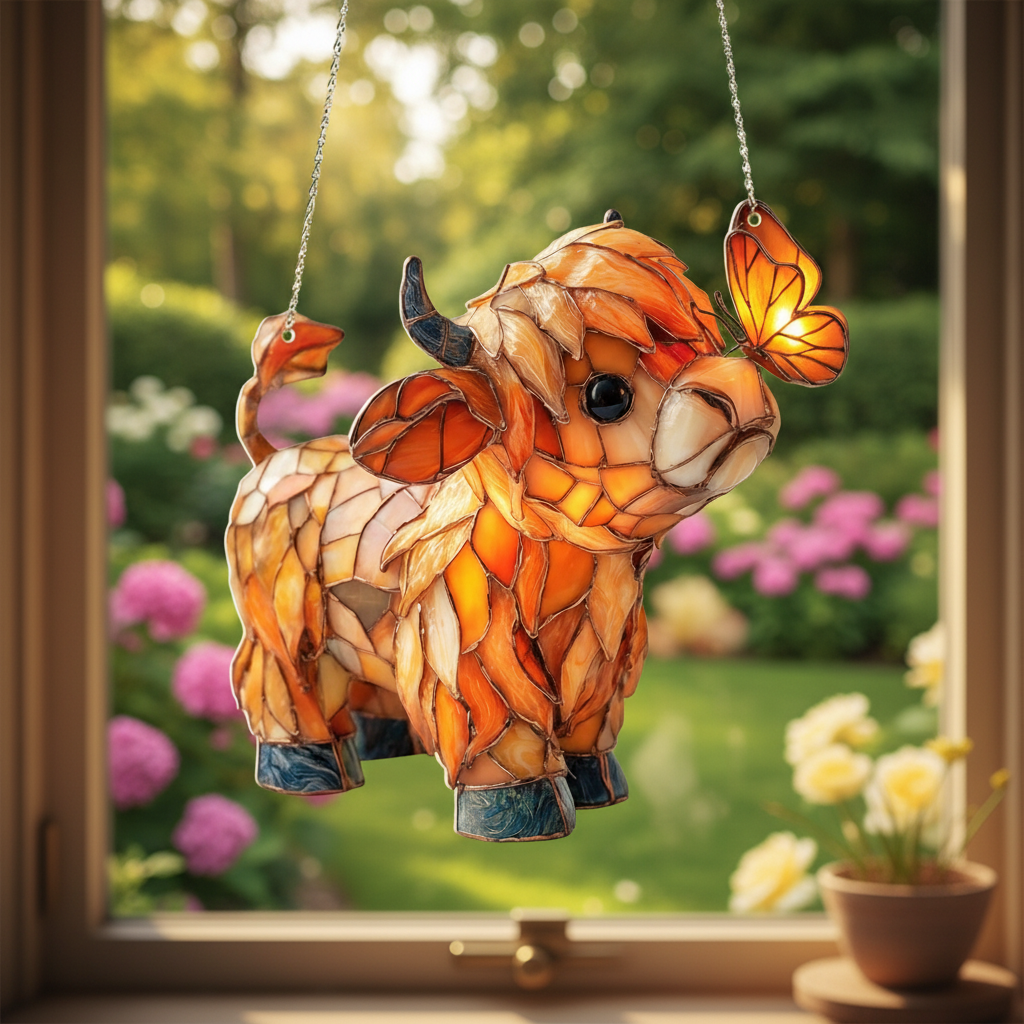 🔥Highland Cow Butterfly Suncatcher | Stained Glass Style Window Hanging