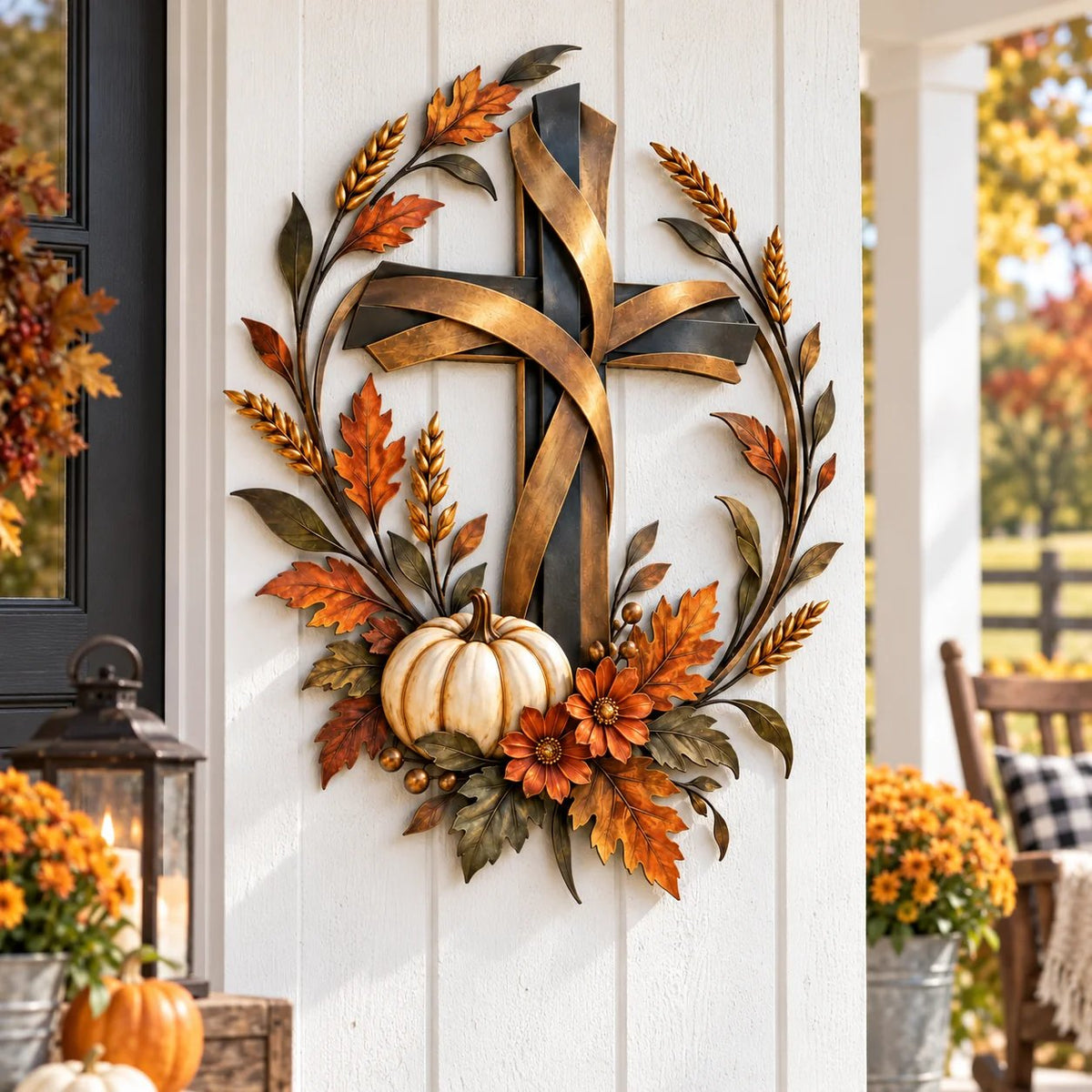 ✝️🍂 Autumn Cross & Pumpkin Harvest Metal Wall Decor