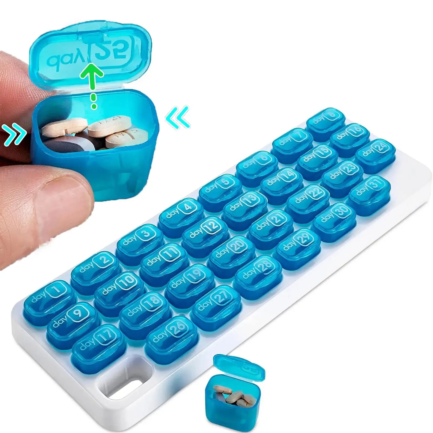 ✨31-Day Monthly Pill Box: Easy-Open Lids, Removable Pods, Date Reminder, Travel Case