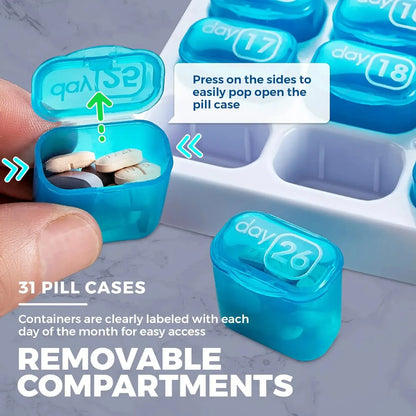 ✨31-Day Monthly Pill Box: Easy-Open Lids, Removable Pods, Date Reminder, Travel Case