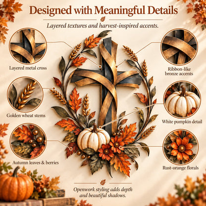 ✝️🍂 Autumn Cross & Pumpkin Harvest Metal Wall Decor