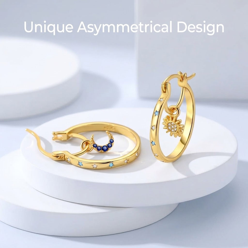 ☀️🌙Sun & Moon Asymmetrical Hoop Earrings | Celestial Dangle Jewelry