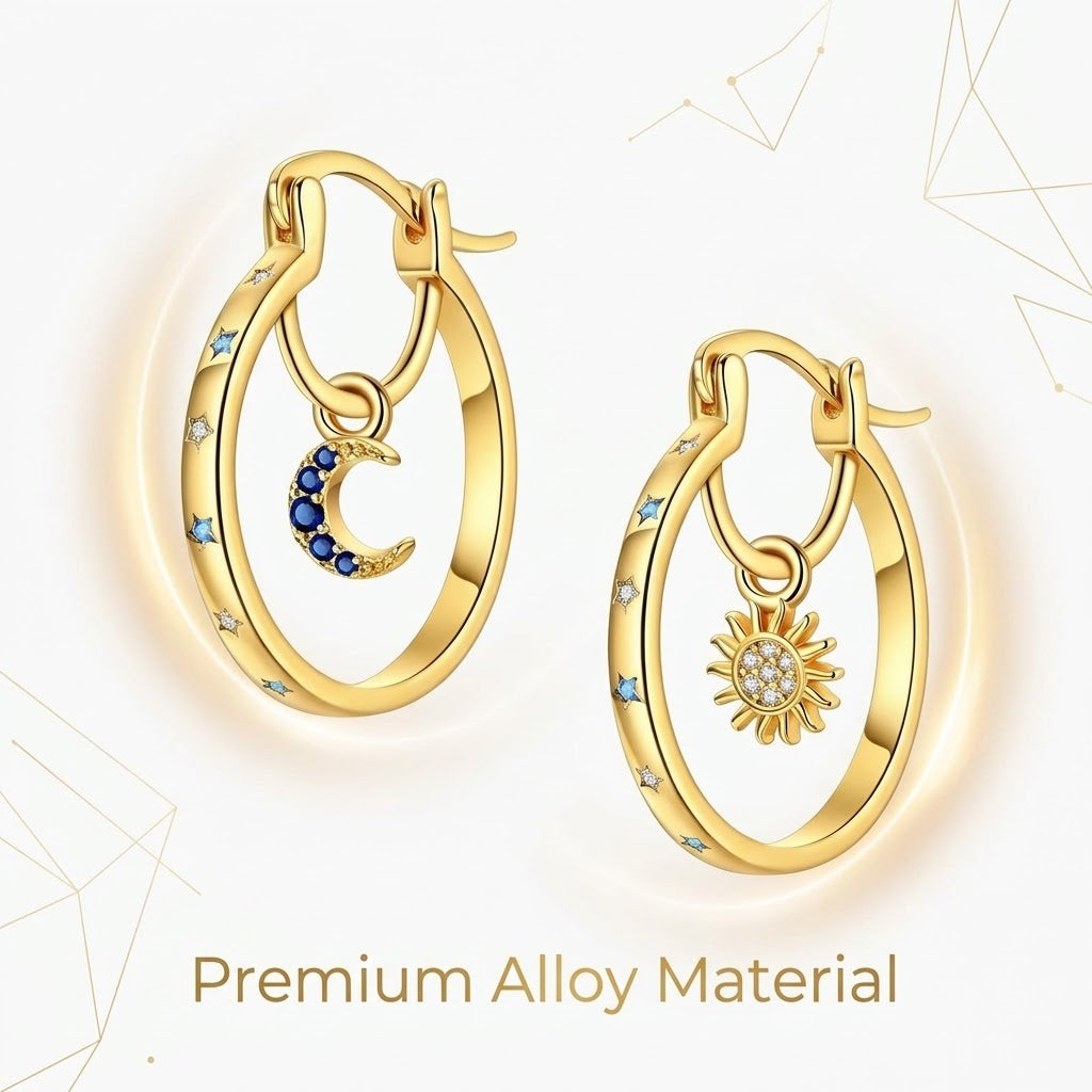 ☀️🌙Sun & Moon Asymmetrical Hoop Earrings | Celestial Dangle Jewelry