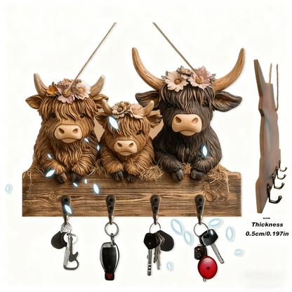 🐮2D- Rustic Highland Cow Wooden Family Key Holder Hanging Ornament with 4 Hooks