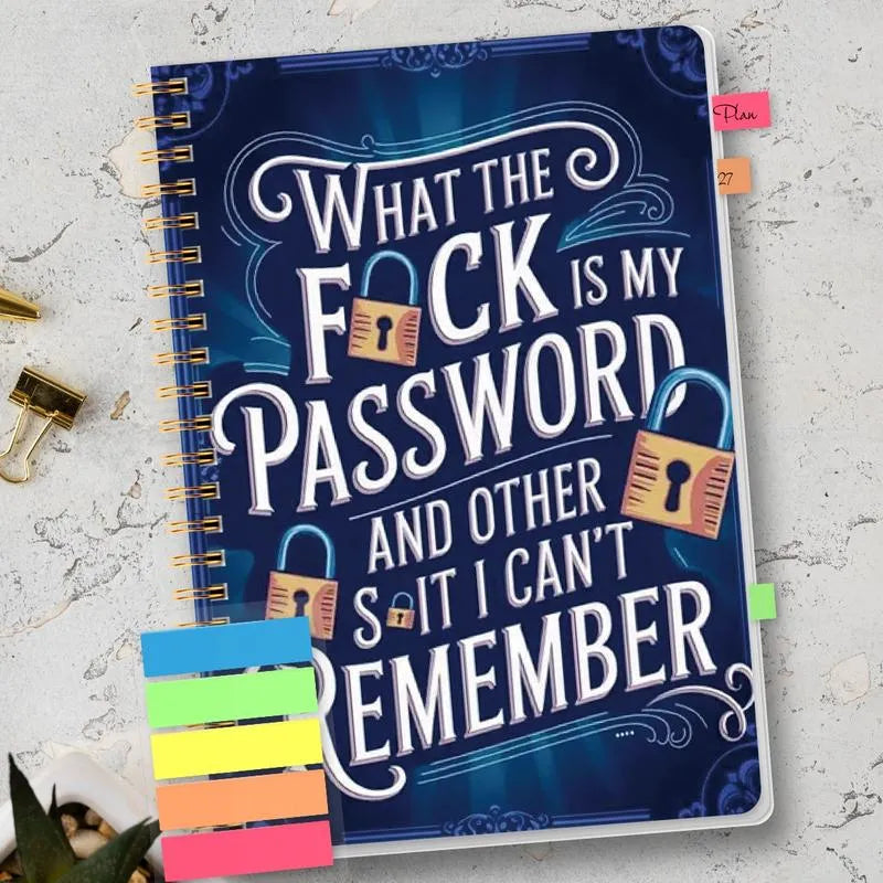 Blue funny password notebook on office desk