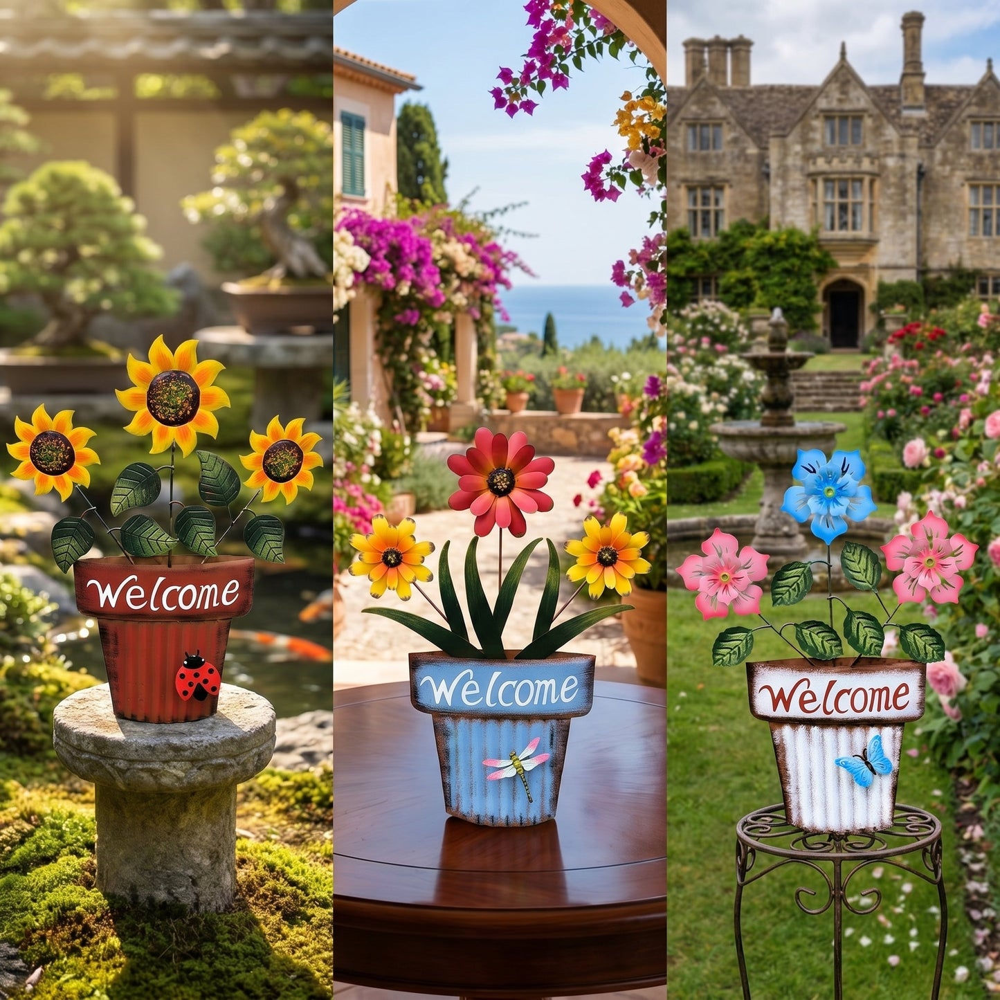 🔥Summer Hot Sale🌻Welcome Flower Pot Metal Garden Decor, Hangable & Stakeable Yard Art