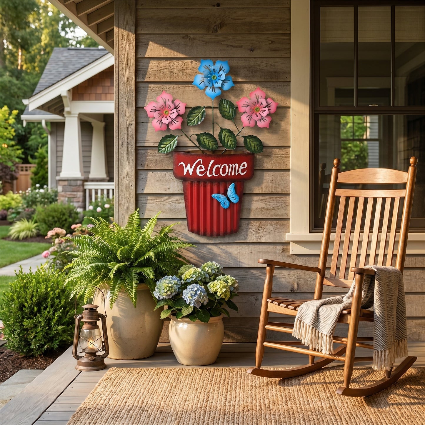 🔥Summer Hot Sale🌻Welcome Flower Pot Metal Garden Decor, Hangable & Stakeable Yard Art