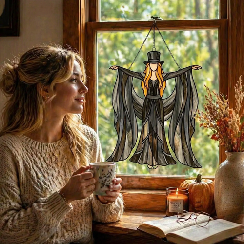 🔥Hot Sale🥇Gothic Witch Stained Glass Suncatcher - Handmade Dark Art Decor